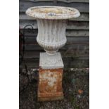 Early 20thC cast iron urn on plinth - H=99cm