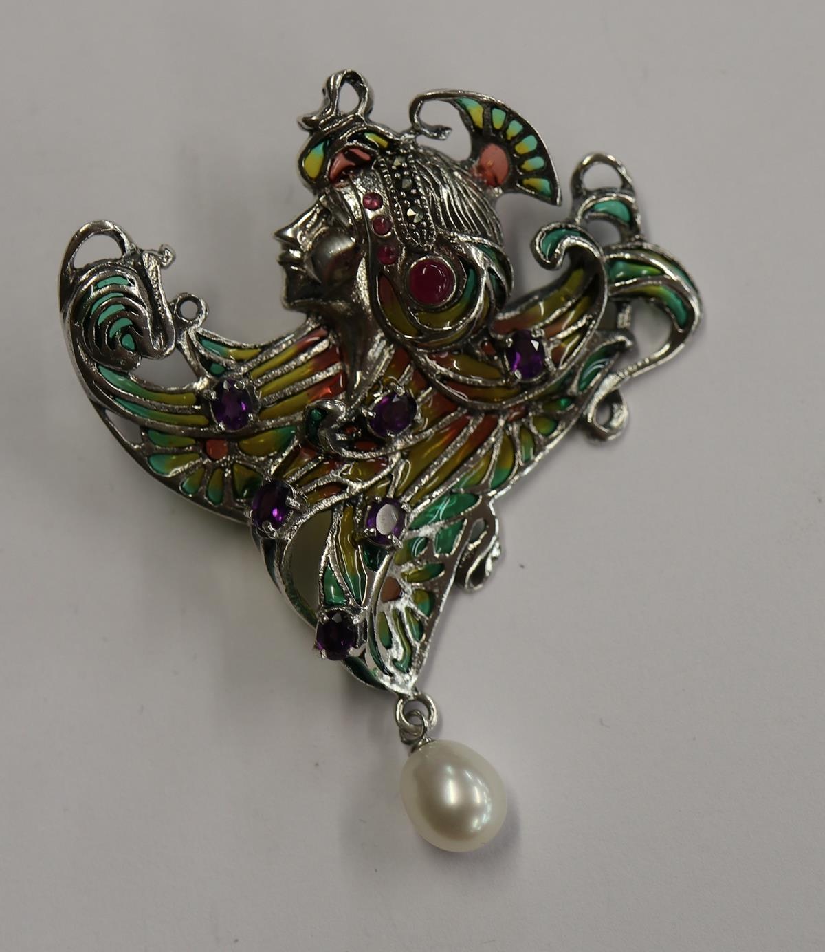 Silver Art Nouveau style champlevé enamel brooch