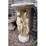 Stone bird bath adorned with 3 nude females - H=80cm