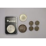 Coins - 1943 Mexican silver peso, 4 Indian head nickels, 2 Morgan silver dollars (1889 and PCS cased