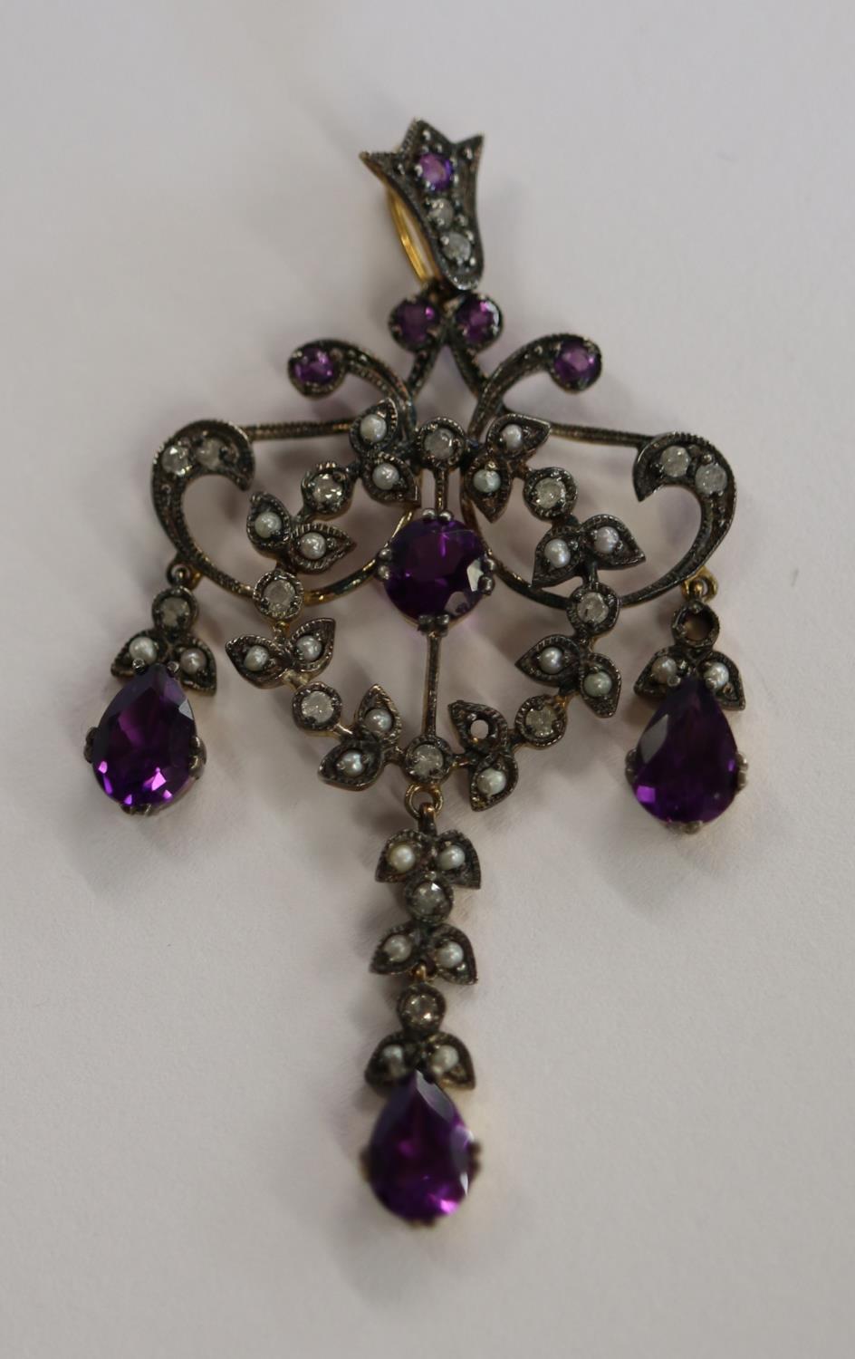 Amethyst, pearl & diamond pendant