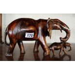 Carved elephant figure with calf - H=20cm