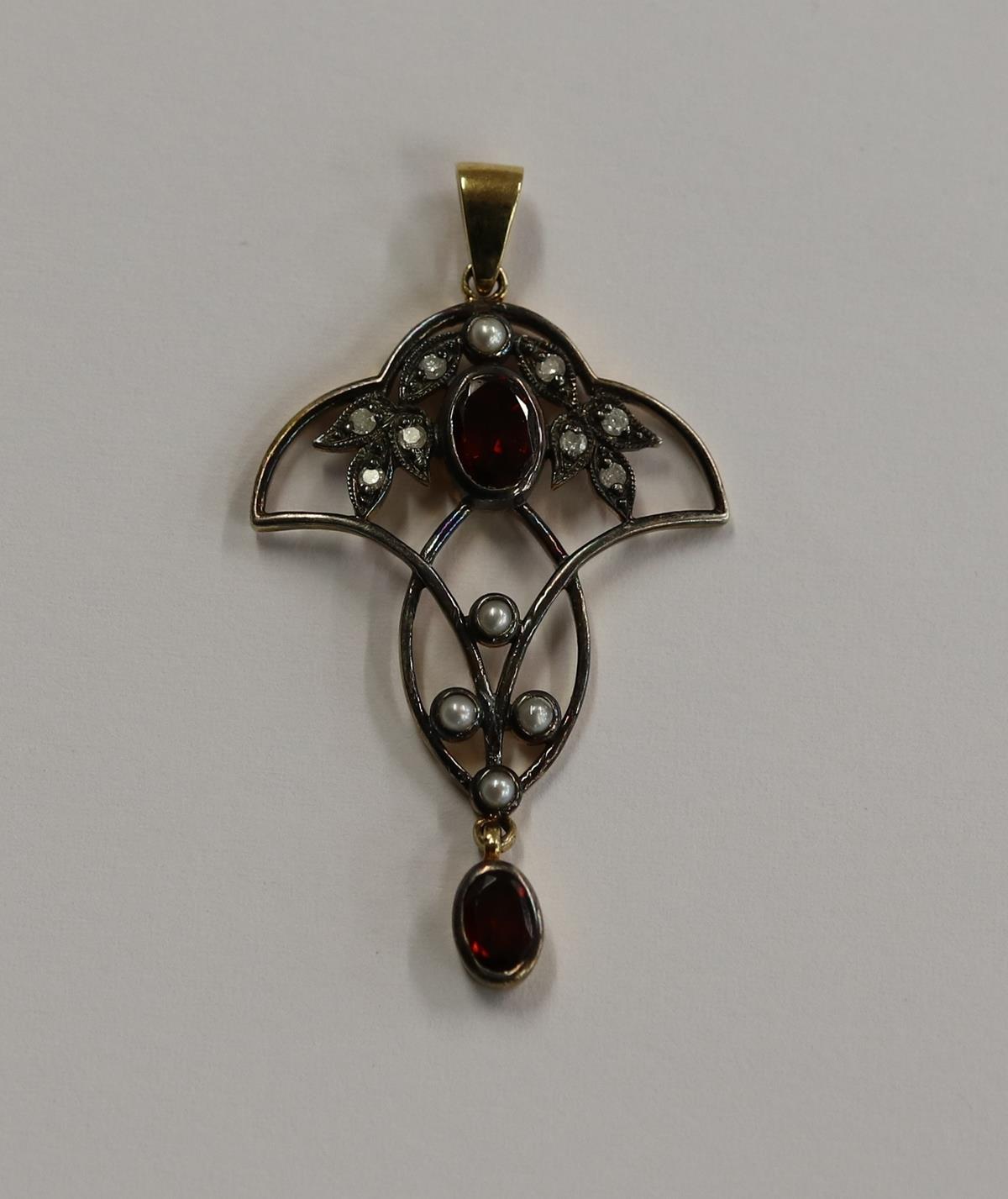 Garnet, pearl & diamond pendant