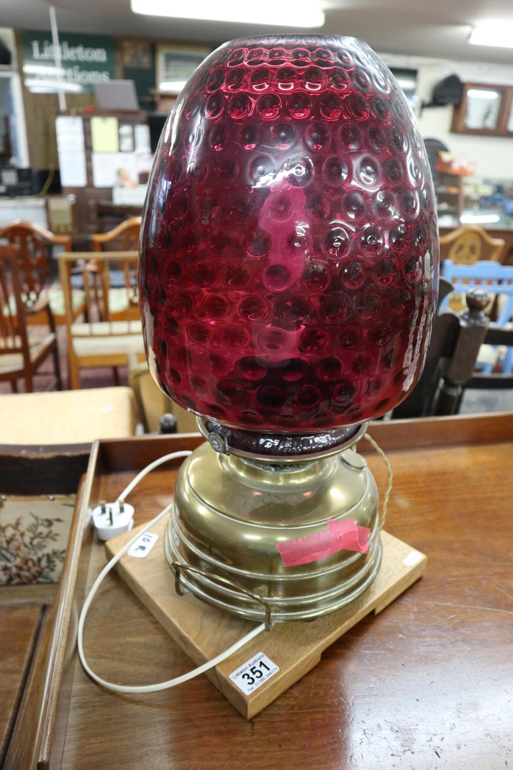 Brass table lamp & cranberry style shade - H=51cm