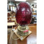 Brass table lamp & cranberry style shade - H=51cm