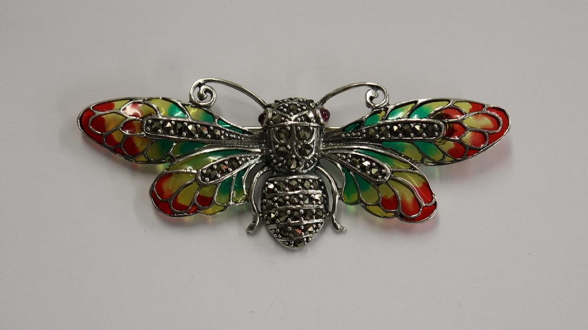 Silver & champlevé enamel butterfly brooch