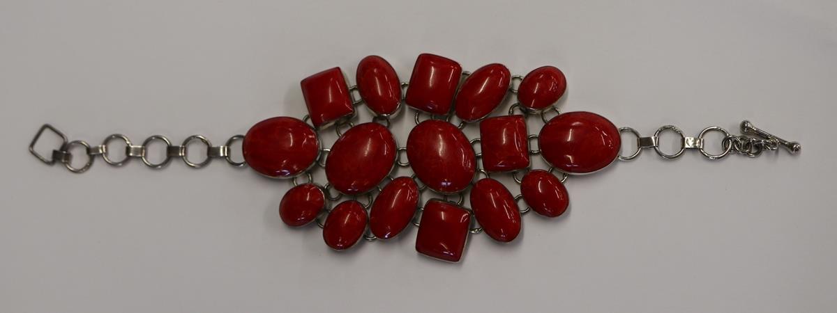 Silver and pressed coral bracelet