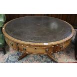 Large mahogany & leather top drum table - D=112cm H=55cm