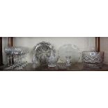 Shelf of glassware to include set of 10 etched glasses