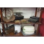 2 shelves of metalware to include enamel flower bin, typewriter etc