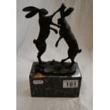 Bronze - Boxing hares on marble base - H=24cm
