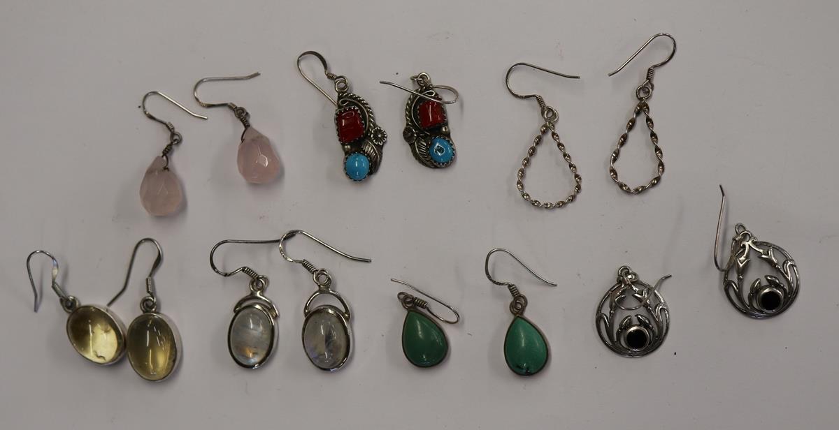 7 pairs of silver earrings to include moonstone and citrine