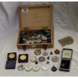 Coins - Collection in wooden box to include silver fob etc