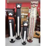 4 wooden stylised cat figures - H: Tallest 100cm