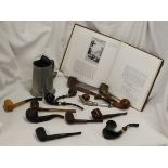 Collection of pipes, pipe book & pipe themed tankard