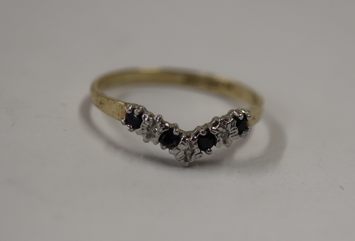 Gold sapphire & diamond wishbone ring