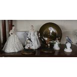2 Royal Worcester figurines, 2 Worcester birds, 2 bird bells and Ridgway's plate depicting St Anne's