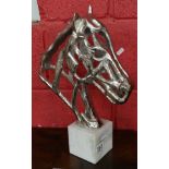Silver plate horse head sculpture on marble base - H: 43cm