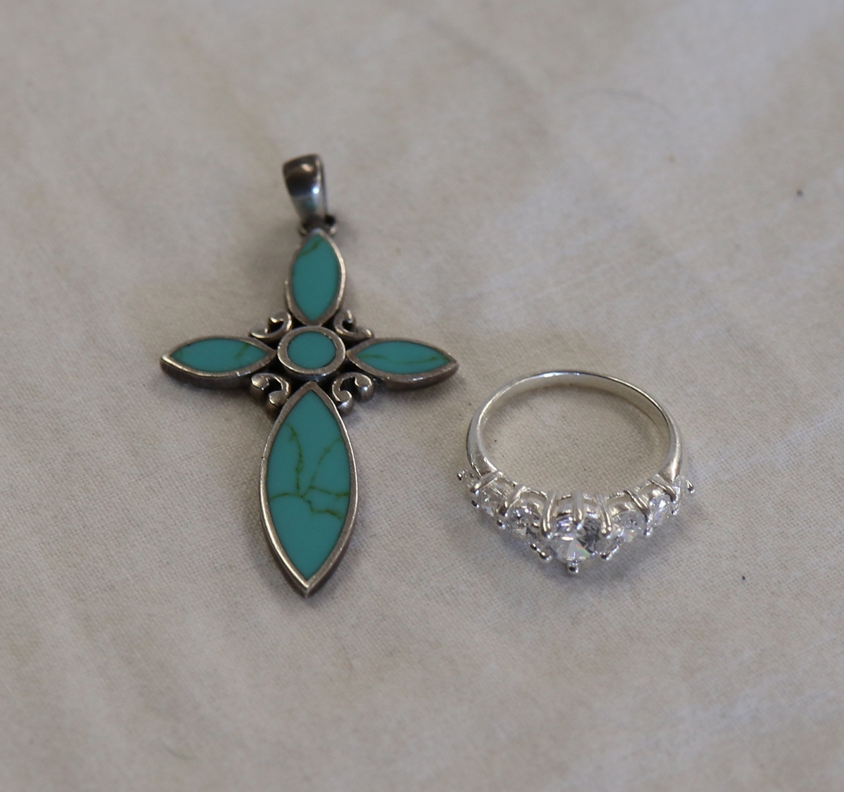 Silver stone set ring and silver turquoise cross