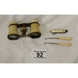 Opera glasses & 3 button hooks - Possibly ivory or bone