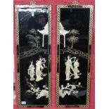 Pair of Japanese lacquered plaques inlaid with mother-of-pearl - Approx W: 30.5cm x H: 91.5cm each