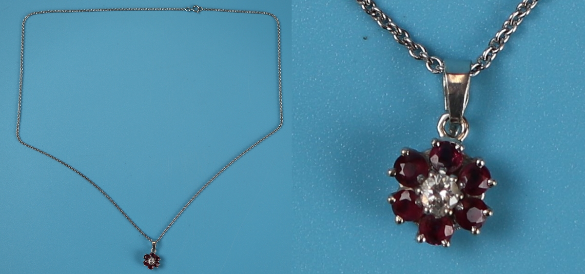 18ct white gold ruby & diamond pendant on 18ct white gold chain