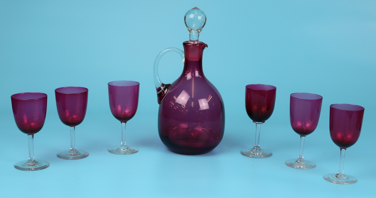 6 cranberry glasses & decanter