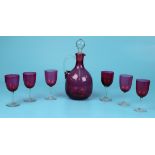 6 cranberry glasses & decanter