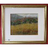 Oil painting - Indistinct signature - French village with poppies to foreground - Approx image