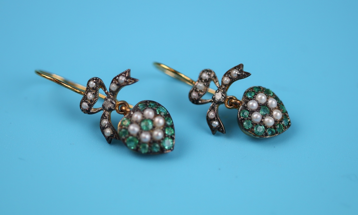 Pair of emerald, pearl & diamond set earrings