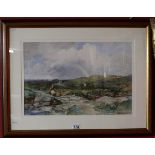 Watercolour by David Bates - Crossing the stone bridge - Approx image size W: 52.5cm x H: 35.5cm