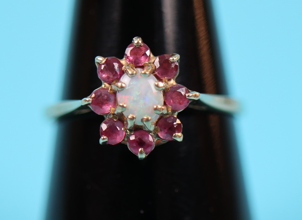 Gold ruby & opal cluster ring