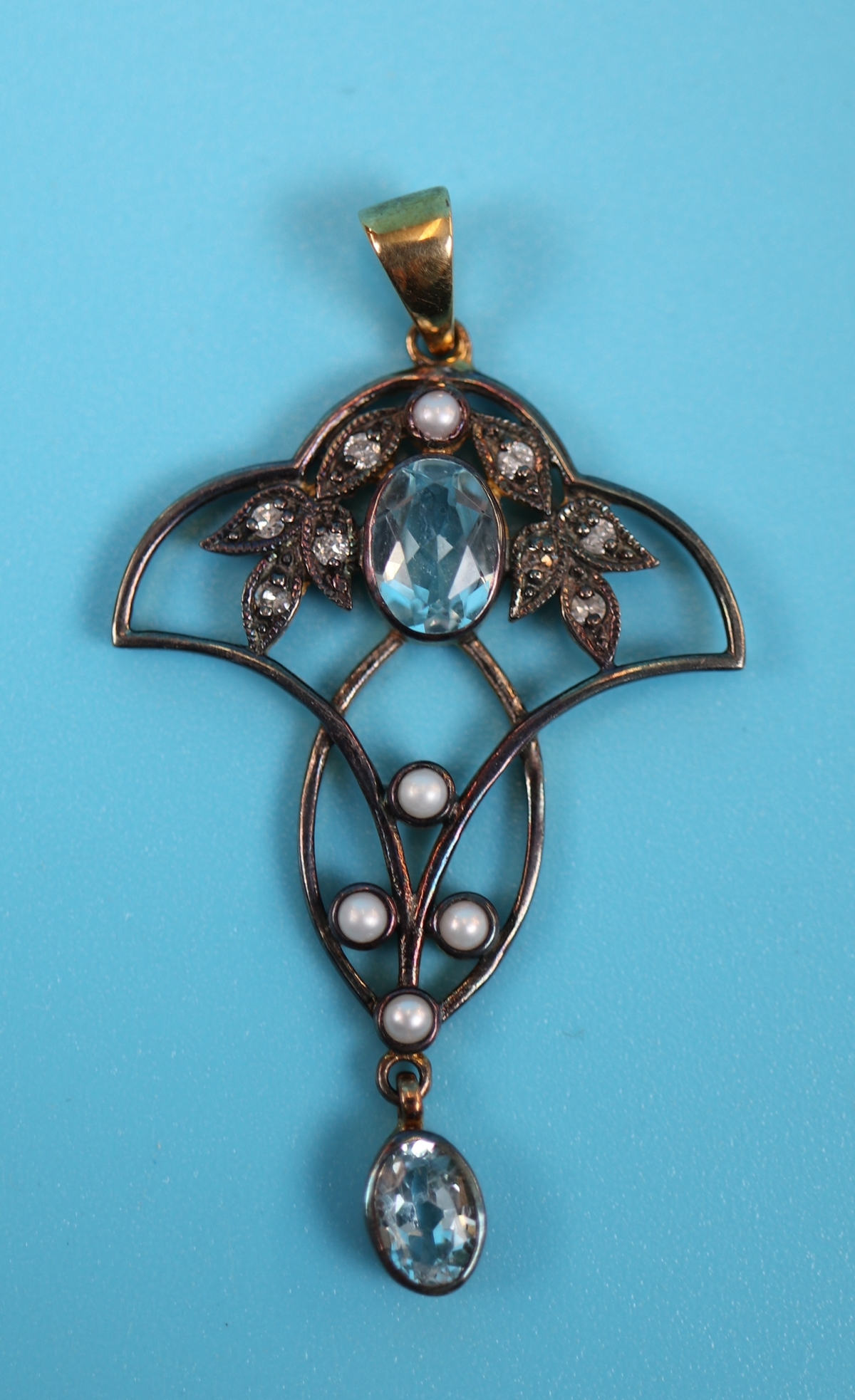 Gold blue topaz diamond & pearl pendant