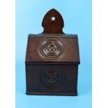 English oak candle box , circa 1880 , with 2 carved roundels and super naturally aged patina and