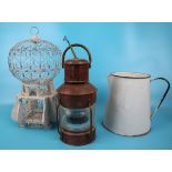 Bird cage, lantern & enamel jug