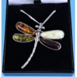 Silver & amber set dragonfly pendant on chain
