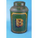 19th century tole ware tea canister painted in green by Bartlett and Son of Bristol painted with the