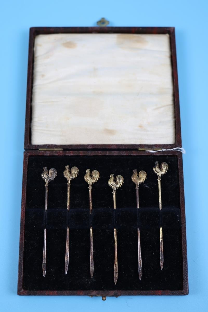Set of 6 hallmarked silver gilt cockerel pins