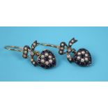 Pair of sapphire, pearl & diamond heart earrings