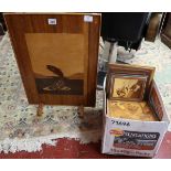 Large collection of marquetry pictures to include fire screen