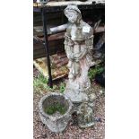 Stone statue of lady, small boy and girl statue and stone pot - Approx H: 85cm