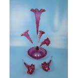 Cranberry glass epergne (1 flute A/F) with 2 additional flutes