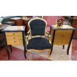 Gilt French style chair with 2 matching cabinets and handbag