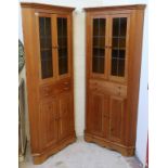 Pair of pine & glazed corner cupboards