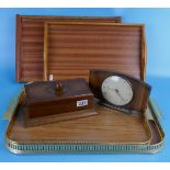 Collection of vintage trays, cigarette box and Smiths mantle clock