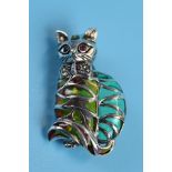 Silver, champlevé enamel & ruby eyed cat brooch