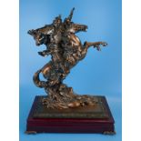 Bronzed statue of Japanese samurai warrior on horse with waves - Height approx 44cm
