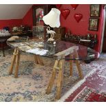 Large oval glass top trestle table
