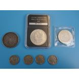 Coins - 1943 Mexican silver peso, 4 Indian head nickels, 2 Morgan silver dollars (1889 and PCS cased