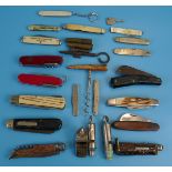 Collection of pocket knives, whistles, cork screw etc